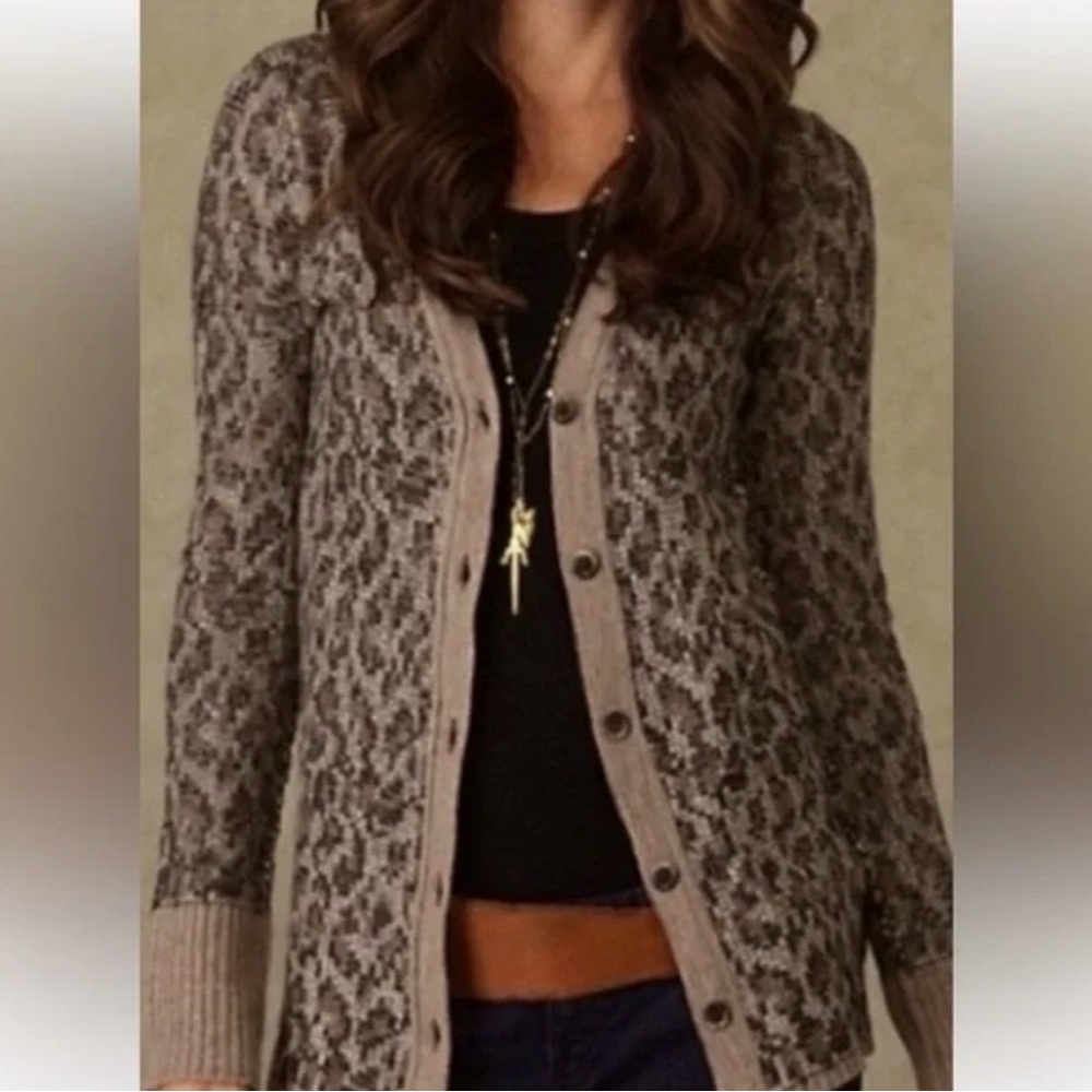 Free People Leopard Cardigan Button Sweater Tan Animal Print Small